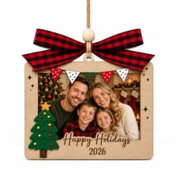 Personalized photo Christmas ornament 2026, wooden, plaid bow