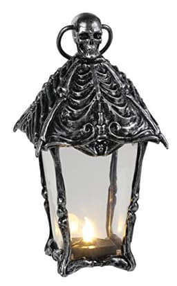 Crazy Bonez gothic skull lantern, 12 in, battery LED, black and silver bone