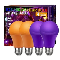 Purple and orange A19 LED bulbs, 4 pack, 9 W (60 W equivalent)