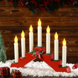 Bokon wooden candle bridge, 7 LED candles, battery, red