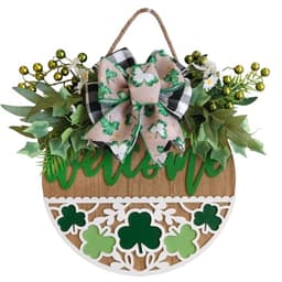 idyllic St. Patrick's Day wood door wreath, 14 in, shamrock carving, berries, bow