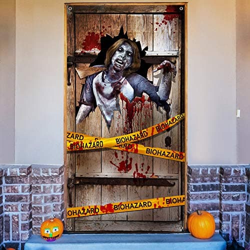 Blulu Halloween door cover, 6 x 3 ft, horror poster with warning sign