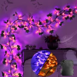 Black maple leaf Halloween garland, 9 ft, 72 LEDs, 3 color change