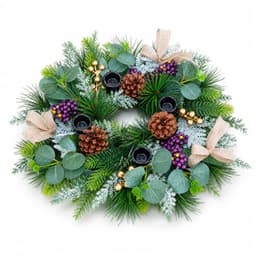 Advent wreath candle holder, 15 in, mixed greenery with pinecones and bows