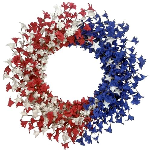 Patriotic wreath, 22 in, red, white and blue with iron star accents