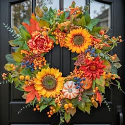 Fall wreath, 24 in, pumpkins, sunflowers, berries and maple