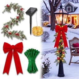 Knitgrip lamp post Christmas set, 6 ft garland, 20 in bow, 16 ft solar LED