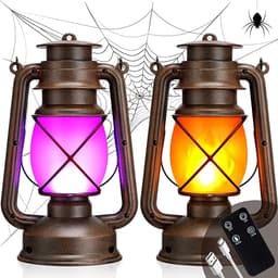 VIHOSE Halloween flame LED lanterns, 2 pack, purple and orange, waterproof, remote timer
