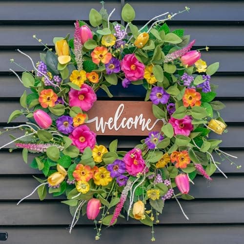 Pinkpuii spring wreath, 24 in, tulips and welcome sign