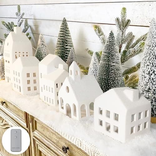 Christmas village set, 5 lighted ceramic houses and 9 trees, remote