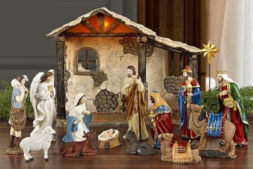 Fovths lighted nativity set, 16 pieces, lighted stable, 7 in scale