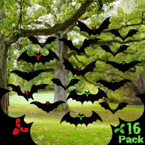 LCHUANG hanging bats, 16 pack, 5 sizes, glowing eyes, waterproof
