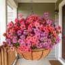 Artificial hanging basket, UV resistant faux silk, rose red and purple