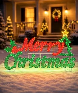 Lighted Merry Christmas sign, 72 in, 350+ LEDs, metal, stakes included