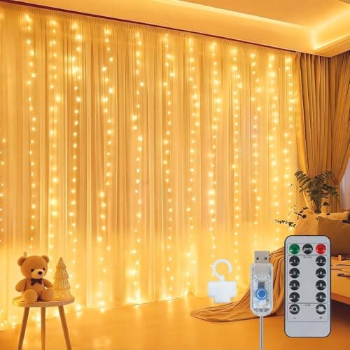 300 LED dimmable curtain lights, 9.8 x 9.8 ft, remote and timer