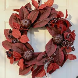 Fall wreath, 24 in, maroon maple with pumpkin