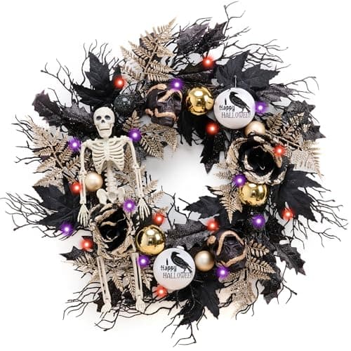 DecorbyHannah pre-lit Halloween wreath, 24 in, skulls and roses