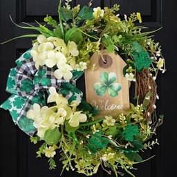 Egolot St. Patrick's Day wreath, 20 in, shamrocks, hydrangeas, welcome sign, plaid bow