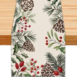 Heirloom Haven holly and pine cone table runner, 13 x 72 in