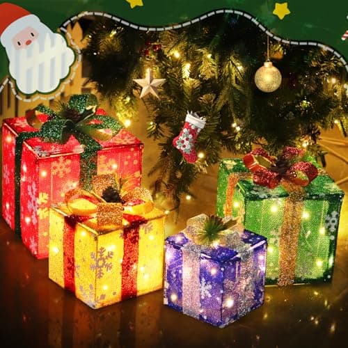 DomKom lighted gift boxes, set of 4, 70 LEDs, iron frame, 6 to 10 in