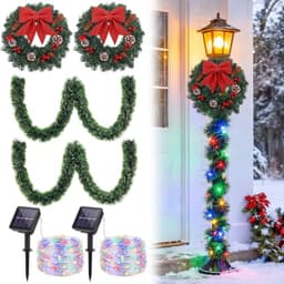 Yinder solar lamp post set, 2 pack, 11.8 in wreaths, 6.6 ft garland, 23 ft lights