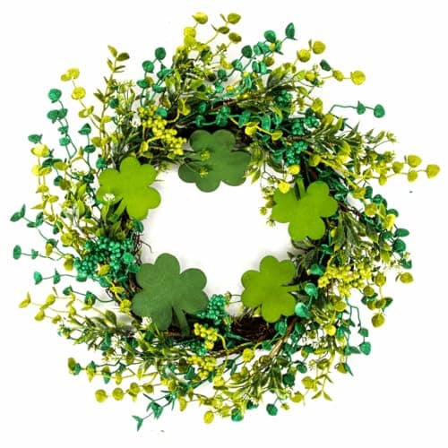 Sofzy St. Patrick's Day shamrock wreath, 20 in, rattan base, wooden shamrocks