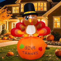 OurWarm Thanksgiving inflatable turkey, 6 ft, on a GIVE THANKS pumpkin, 5 LEDs