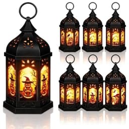 Halloween lanterns with LED candles, 6 pack, black, Halloween printed glass