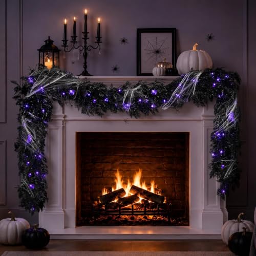 Pre-lit Halloween garland, 9 ft, with spiders and web