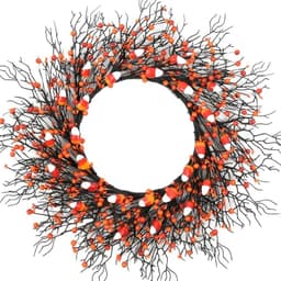 Black twig wreath, 24 in, orange berries and candy corn