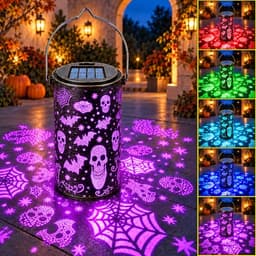 Halloween skull solar lantern, color changing, waterproof, metal, hanging