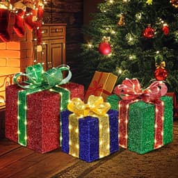 DomKom lighted gift boxes, set of 3, 160 LEDs, metal frame, lighted bow