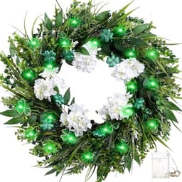 St. Patrick's Day wreath, 22 in, green shamrocks and white hydrangea, LED lights