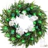 St. Patrick's Day wreath, 22 in, green shamrocks and white hydrangea, LED lights