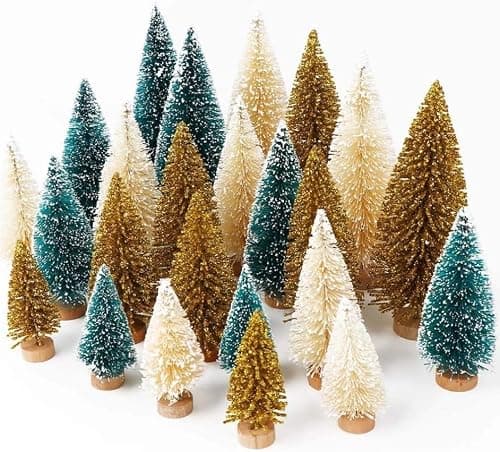 AerWo bottle brush trees, 24 pieces, 2.3 to 5.1 in, wood bases, green, gold and ivory