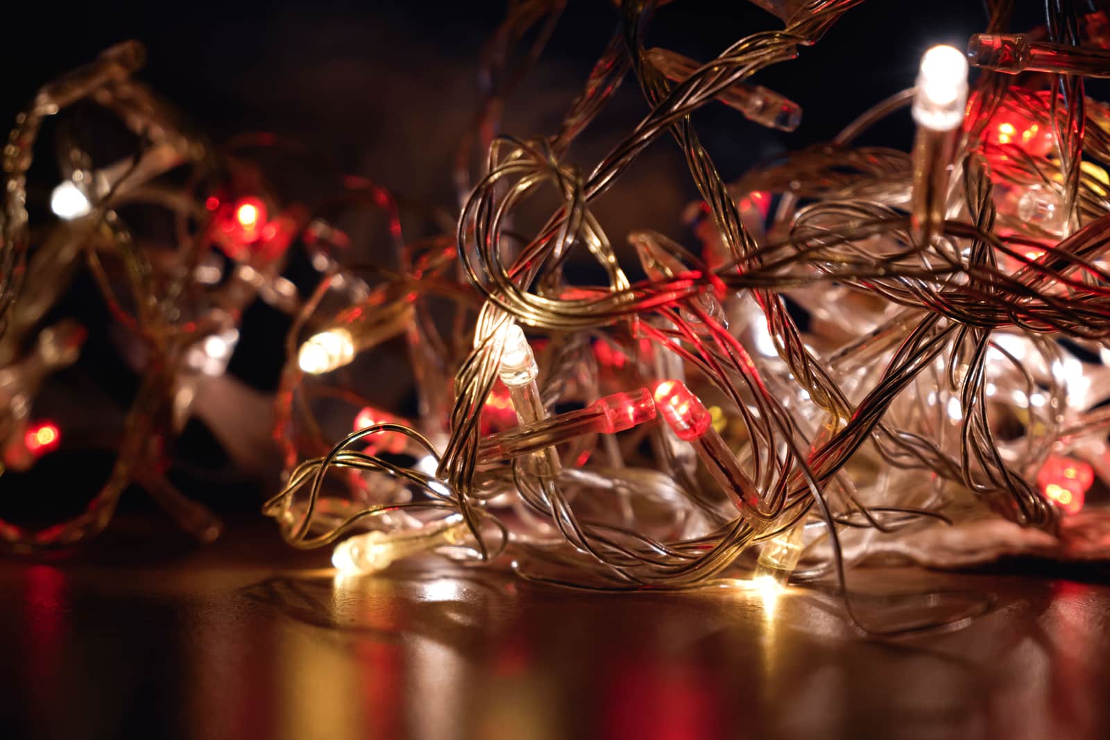 A coiled length of christmas light strand seen close up