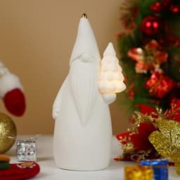 Luxstyra white ceramic gnome with lighted tree, 7.5 in, timer