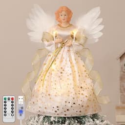Lewondr lighted angel tree topper, 12 in, gold, 6 h timer