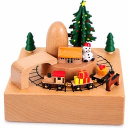 Cabilock wooden Christmas music box, rotating tree and train, wind-up