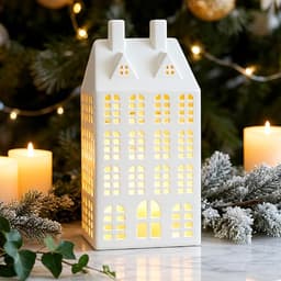 DN DECONATION single white ceramic village house, warm LED