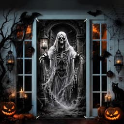 Skeleton ghost Halloween door cover, 35.5 x 70.9 in