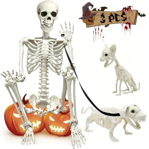 WODMAZ posable skeleton with dog and cat skeletons, 5.4 ft