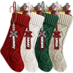 Personalized cable-knit stockings, 4 pack, 18 in, wooden name tags