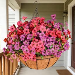Artificial hanging basket, UV resistant faux silk, rose red and purple