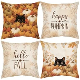 Black cat and pumpkin fall pillow covers, 18 x 18 in, 4 pieces, linen blend