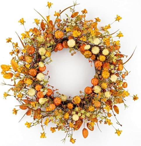 Fall wreath, 18 in, pumpkin and autumn trim