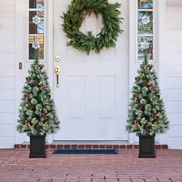 Glitzhome pre-lit porch trees, 4 ft, 2 pack, pine cones and berries