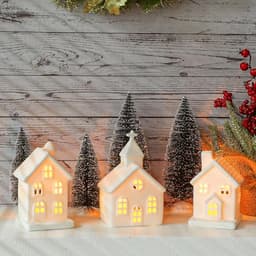 Peninpha Christmas village set, 3 lighted porcelain houses and 4 trees, remote