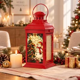 DECORKEY stained glass snowman lantern, 14 in, timer