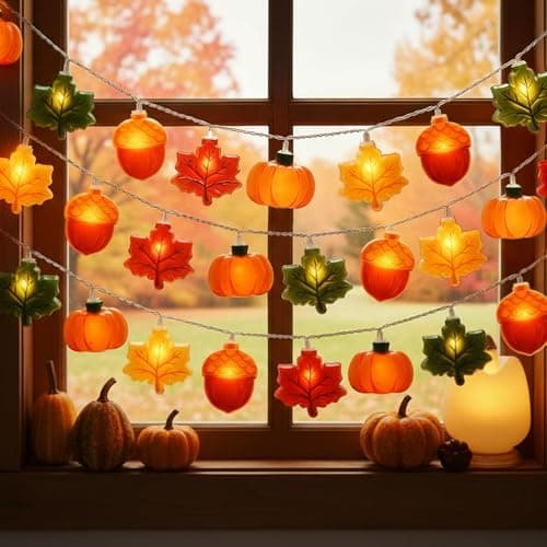 Fall string lights, 10 ft, 20 LED, pumpkins, acorns and leaves